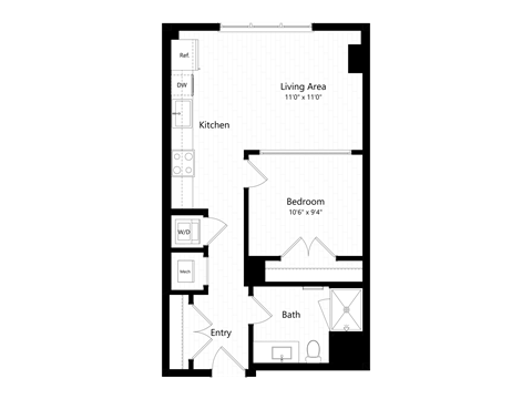 Floor plan for 1 bed, 1 bath, 607 sqft
